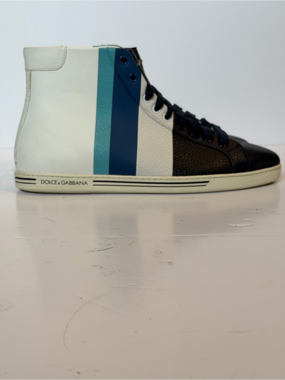✨authentic✨ Dolce & Gabbana White, Navy and Teal High-Top Sneaker
